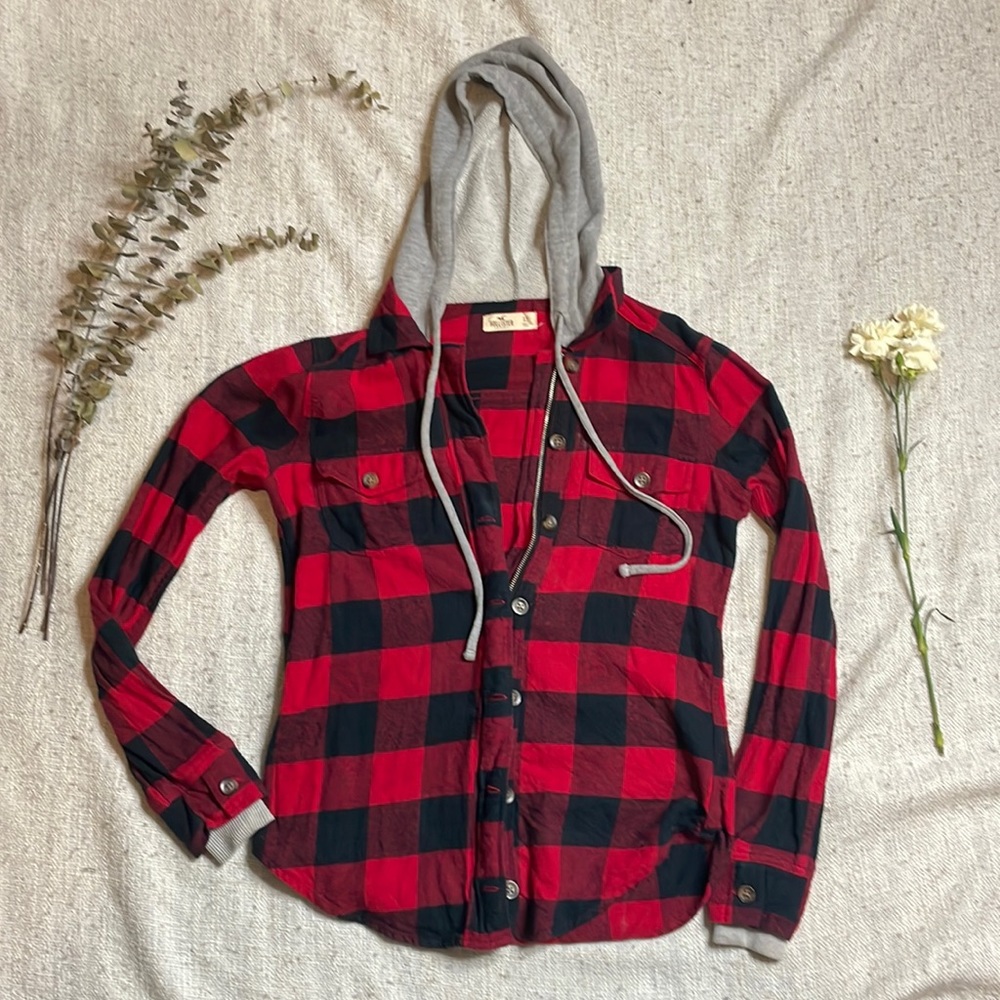 Red & Black Plaid Hooded Shacket - Hollister